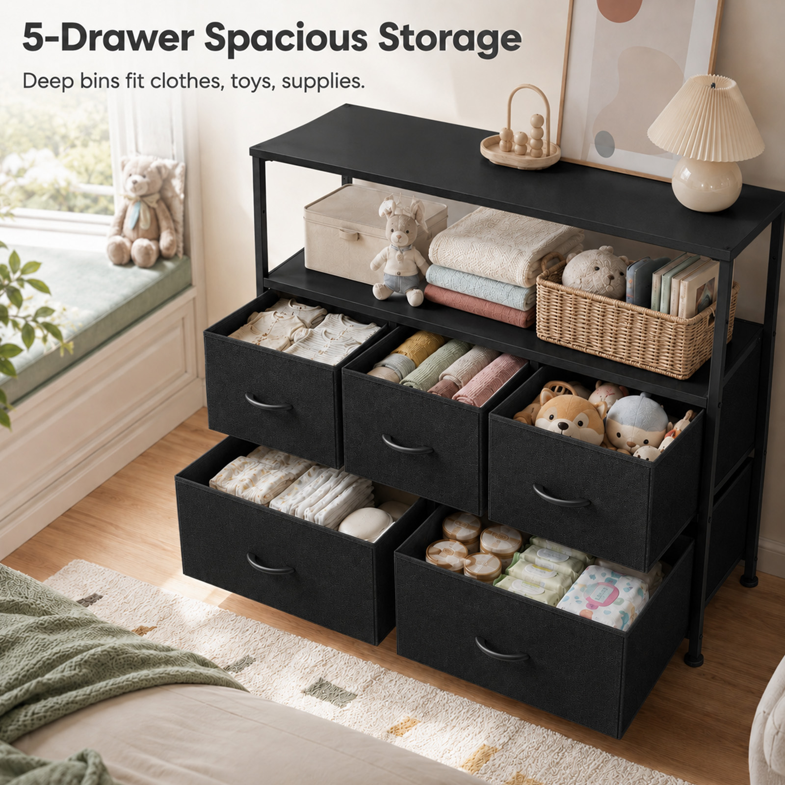 Alvantor Tall Fabric Dresser, TV Stand Media Console, 5 Drawer Storage Tower with Wooden Top for Bedroom, Entryway, Nursery