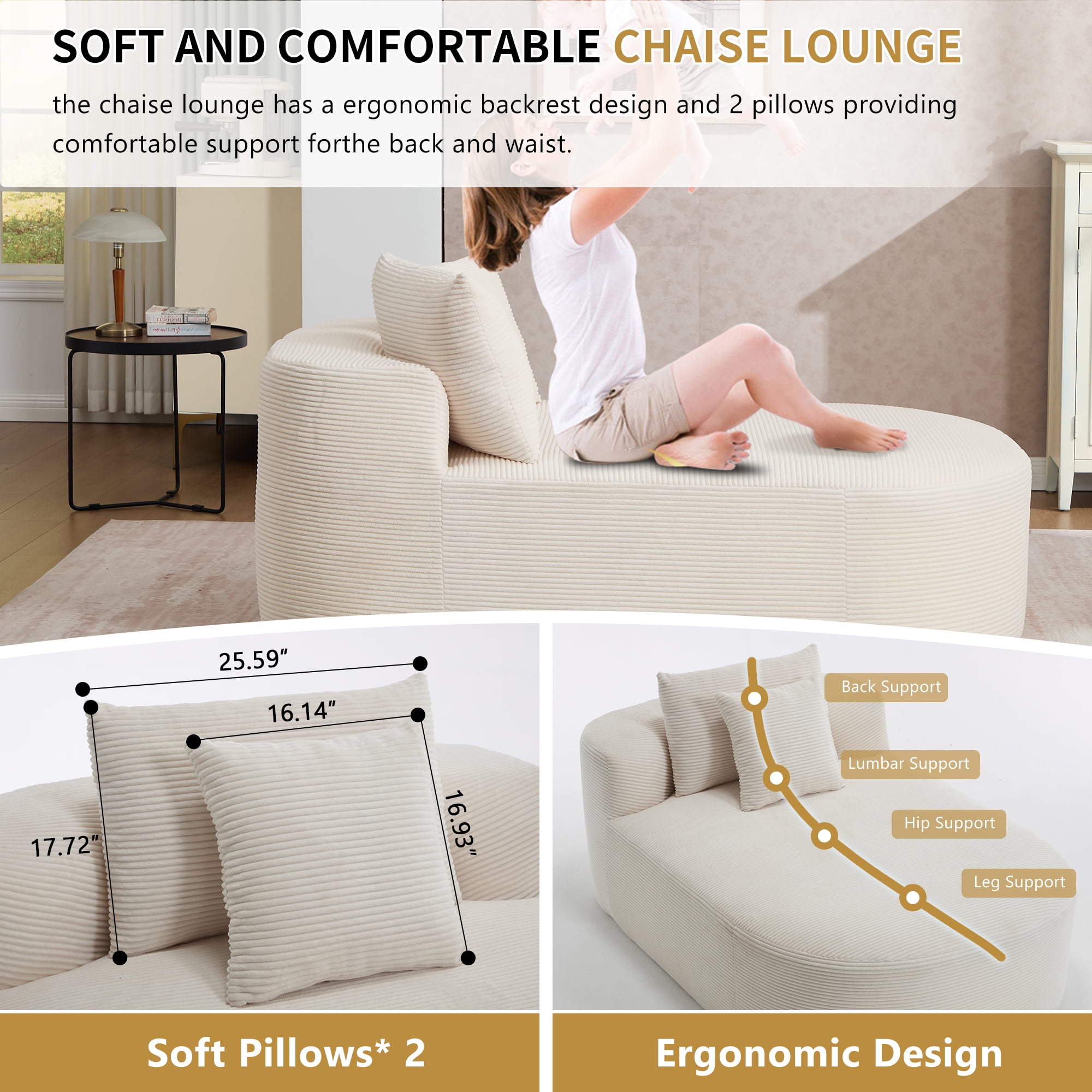 Gewnee Oversized 56.7-inch Deep Seat Corduroy Sofa Bed, No Assembly Required, Perfect for Living Room and Lounge，Beige