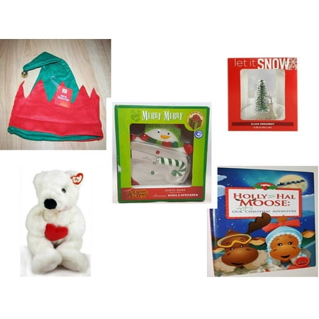 Christmas Fun Gift Bundle [5 Piece] -  Elf Hat w/ Jingle Bell - Let It Snow Glass Ornament Deer - Cracker Barrel Serveware Snowman Bowl & Spreader - Ty Beanie Buddy 