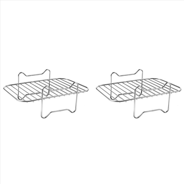 2x estante de freidora de aire para freidoras de aire de doble cesta, estante deshidratador para accesorios de freidora de aire ninja foodi dz201 dz401 estantes de acero inoxidable plateado, vista frontal de dos rejillas rectangulares con soportes elevados integrados y barras paralelas para freír, cocinar al vapor y deshidratar; también aptos como parrilla para piezas pequeñas.