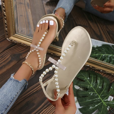 

cllios Sandals for Women Casual Clip-toe Thong Sandal Summer Beach Bohemia Pearls T-strap Flip Flops Sandals