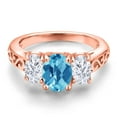 thumbnail image 3 of Gem Stone King 18K Rose Gold Plated Silver Swiss Blue Topaz and White Moissanite Filigree Style 3 Stone Ring for Women (2.30 Cttw, Oval 8X6MM and 6X4MM) (Size 5), 3 of 6