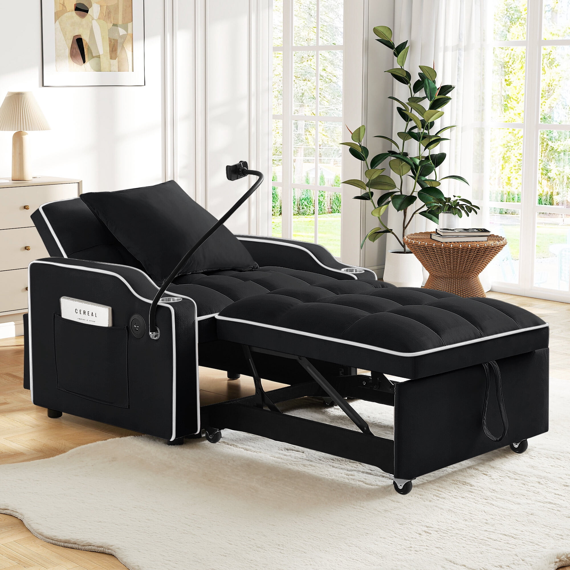 Lunale 4-in-1 Convertible Sleeper Chair Bed with Charge Ports & Phone Stand, Black Velvet
