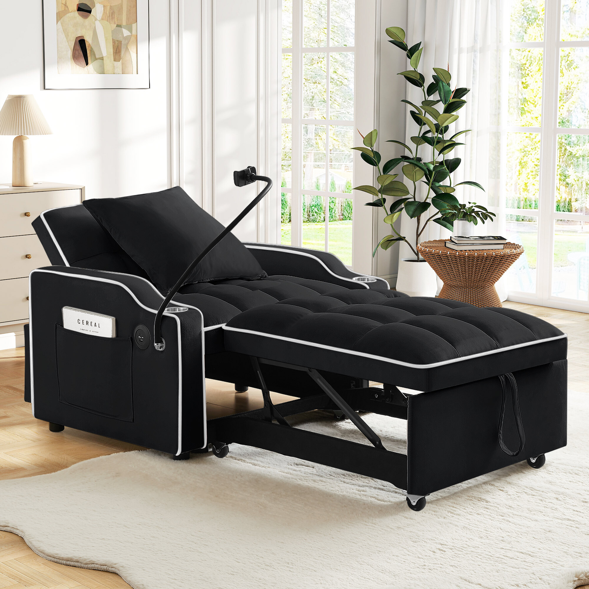 Lunale 4-in-1 Convertible Sleeper Chair, Black Velvet photo 8
