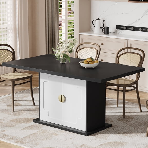 Vividwood Modern Dining Table for 4-6 People, 63-Inch Square Dining Room Table with Wooden Pedestal Base and Storage, Black Kitchen Table for Dining Room, Kitchen, or Living Room (Table Only)