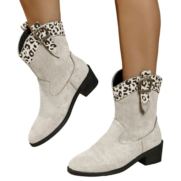 Leopard Wide Mid Calf Cowboy Boots for Women 2025 Fashion Suede Patchwork Pointed Toe Chunky Heel Winter Fall Cowgirl Booties Beige Size 6