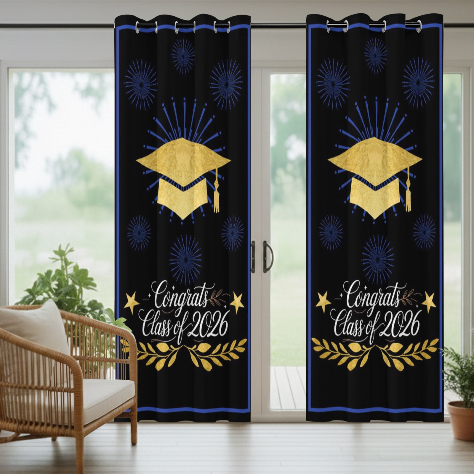 Gold Gingham Outdoor Curtains for Patio, Class of 2026 Fireworks Academic Graduation Black Sunshade Privacy Drapes Grommet Waterproof Outside Curtains for Porch/Cabana/Balcony 54"x 108", 1 Panel