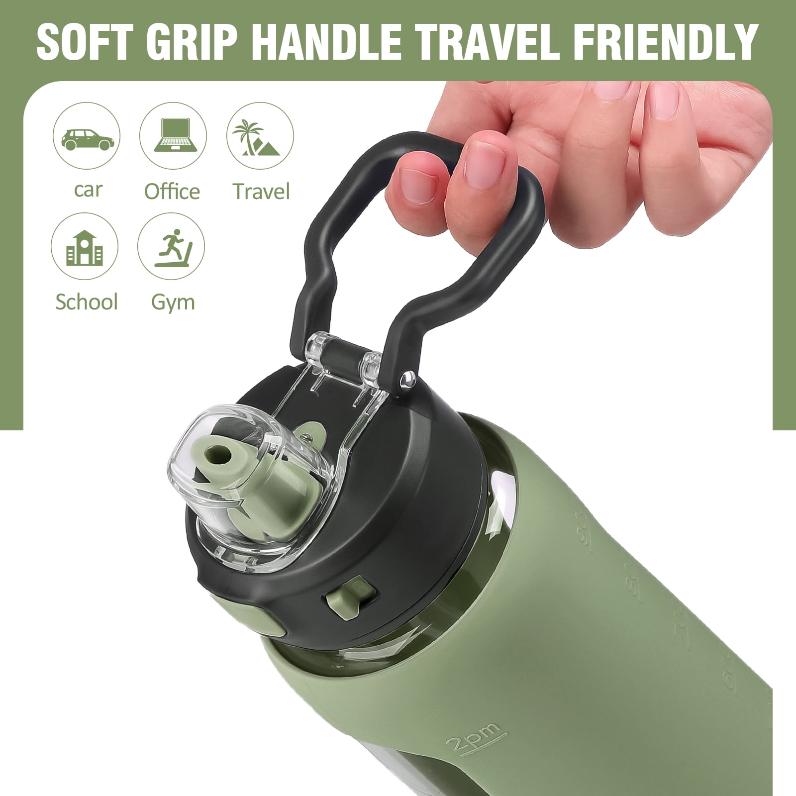 MUKOKO Water Bottle, 32oz Glass Drinking Bottle with Straw, Motivational Water Bottle with Leak Proof Locking Lid , Travel Sports Water Jug with Water Marker, Olive