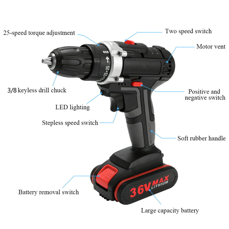 Cordless Drill Driver 21v Stepless Regulation Rechargeable Speed Electric  Hand Drill Set With Led, Ac 220 V, Us Plug