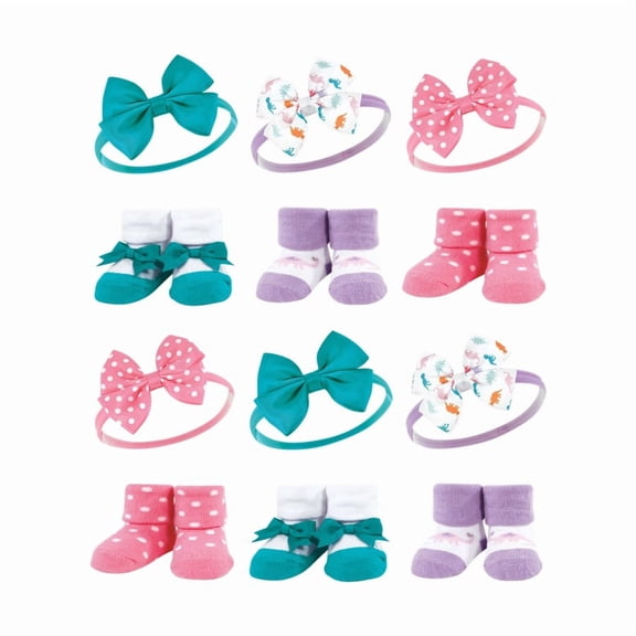 Hudson Baby Infant Girl 12Pc Headband and Socks Giftset, Dinosaurs, One Size