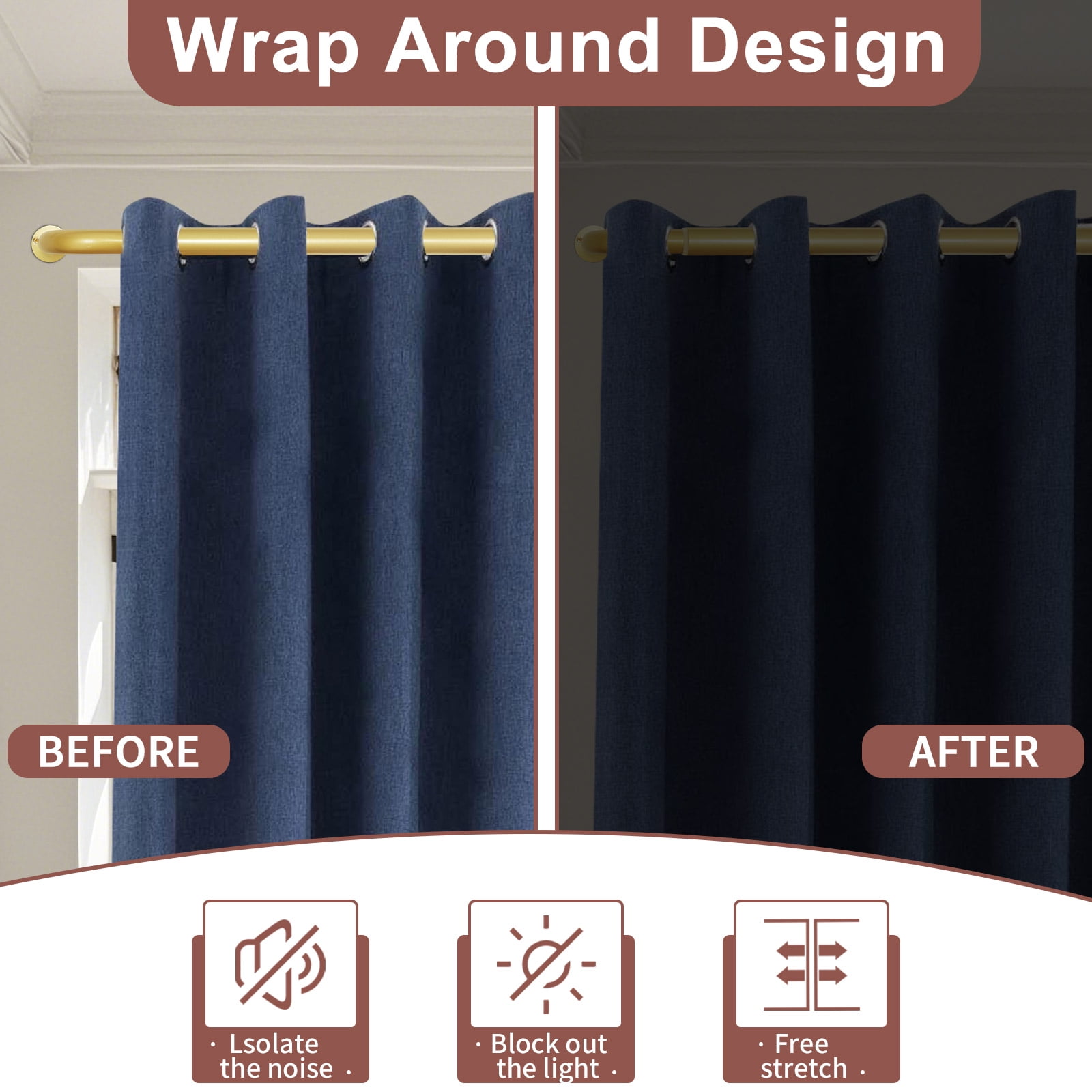 Meriville 1-Inch Diameter Wrap Around Blackout Curtain Rod, 28-Inch to 48-Inch, Royal Gold Finish with Round Base