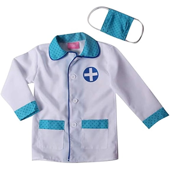 StoryBook Wishes Kids Blue and White Doctor Jacket and Mask Costume & Medical First Aid Play Set - Size 6-8
