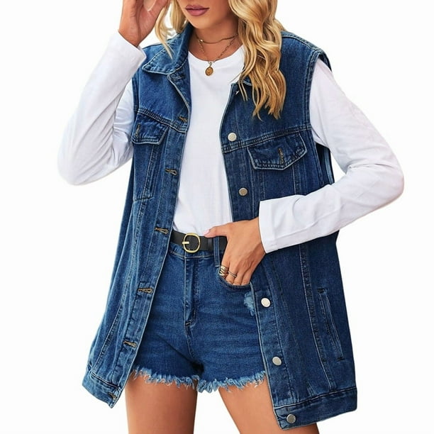 Chaleco Vaquero para Mujer, de Gran Tamaño, Sin Mangas, con Botones y Chaqueta Vaquera Azul Oscuro XS