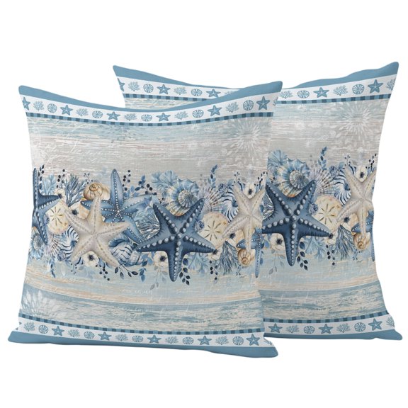 Outdoor Pillow Covers 26x26 Set of 2, Blue Starfish Coastal Waterproof Patio Throw Pillow Covers for Couch Sofa Chair, Beach Coral Nautical Botanical Vintage Decorative Pillowcases for Throw Pillows