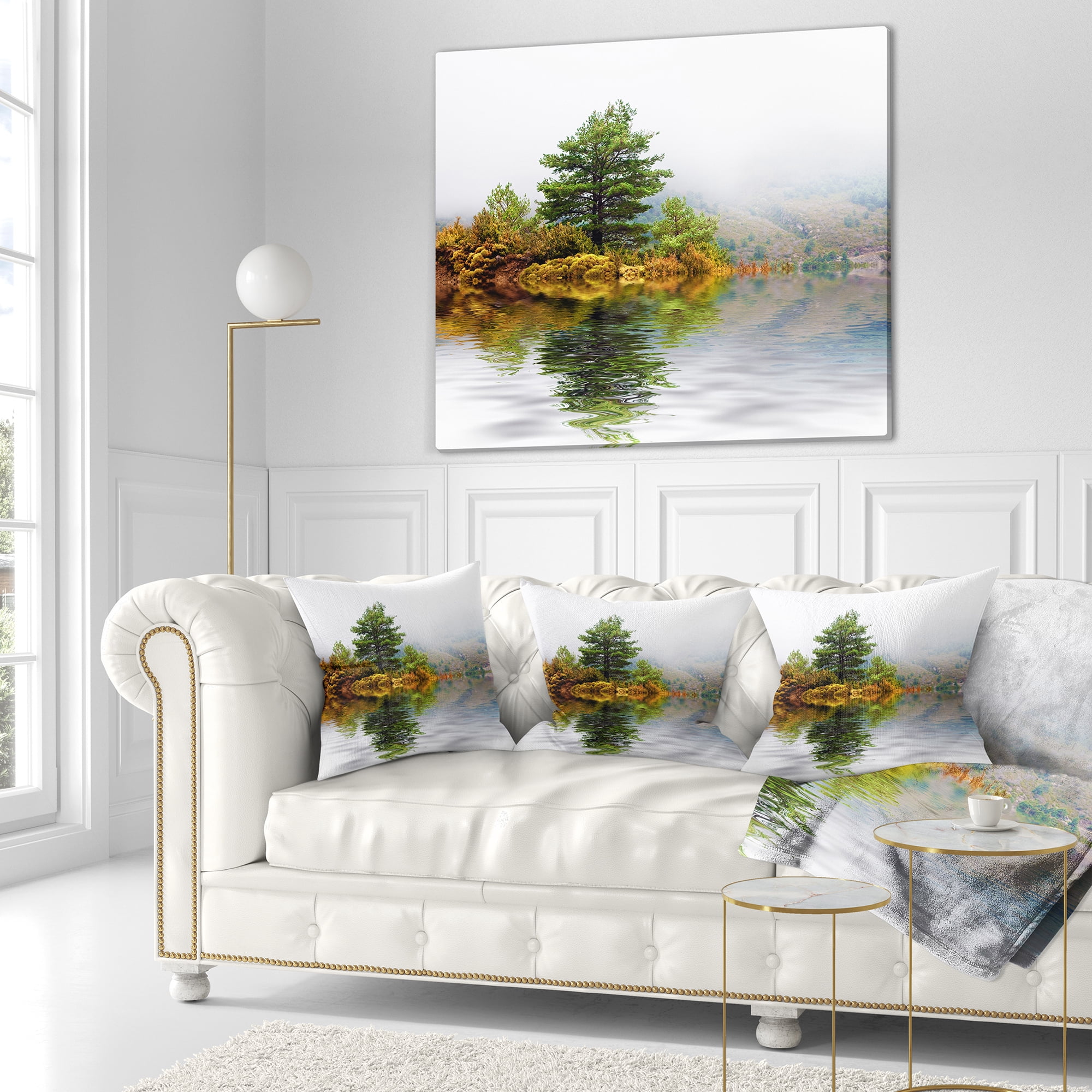 Designart Pine Tree with Reflection - Landscape Photography Throw Pillow - 16x16