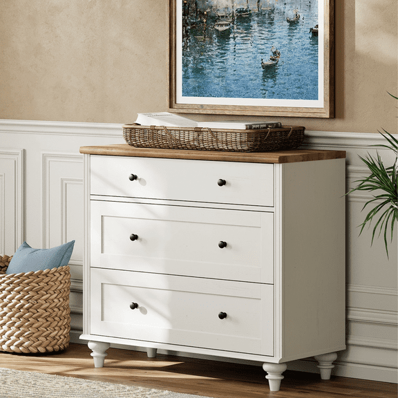 Farmhouse Dresser for Bedroom with 3 Drawers, Mid Century Modern Kids Dressers with Wood Closet Storage Organizer, Small Dressers for Nursery, Hallway, Living Room, Beige