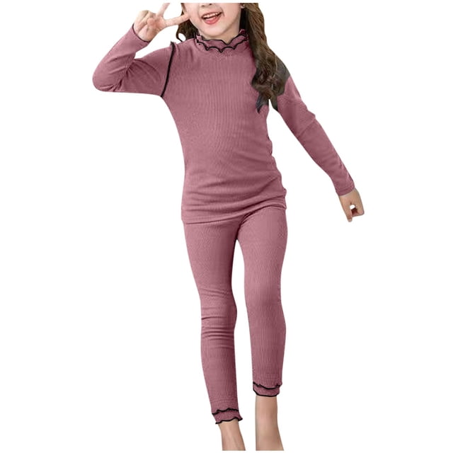 Odeerbi 1-9 Años Niñas Pijama Conjuntos Rib Knit Long Johns Pijama Manga Larga Cuello Redondo Botton Pantalones Largos Conjuntos