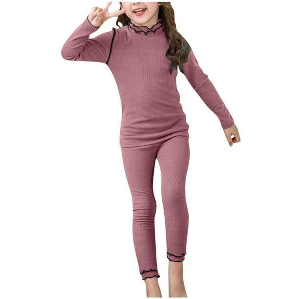 Odeerbi 1-9 Años Niñas Pijama Conjuntos Rib Knit Long Johns Pijama Manga Larga Cuello Redondo Botton Pantalones Largos Conjuntos