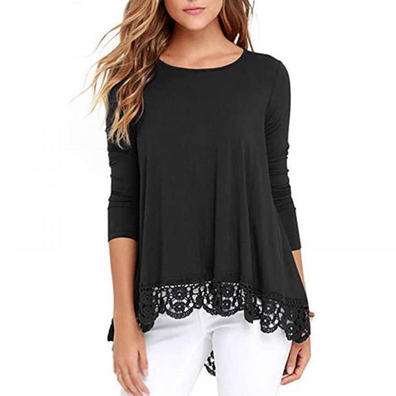 Women's Tops Long Sleeve Lace Trim O-Neck A-Line Tunic Blouse Tops for Women