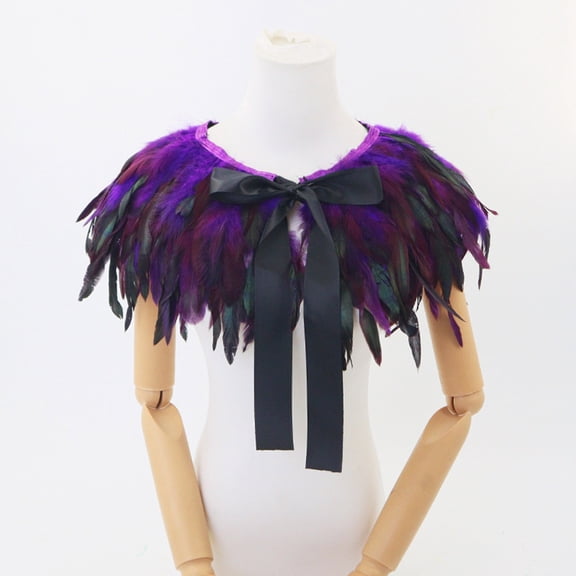 Honeeladyy Mardi Gras Feather Cape Collar for Women, Black Shoulder Shawl Cloak with Ribbon Tie, Christmas Party Costume Wedding Accessory, Purple