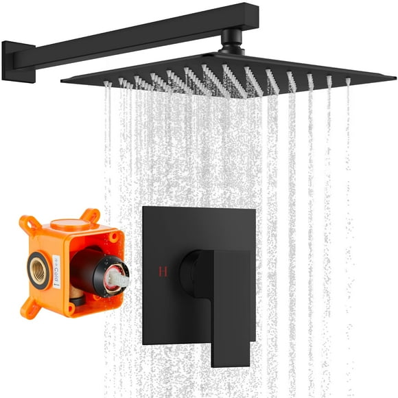gotonovo Ensemble de Robinet de Douche Pluie Kit de Garniture de Douche avec Tête de Douche Pluie 10 Pouces Mixeur de Salle de Bain Combo Complet Poignée Unique Monté au Mur Filetage Femelle Valve d'Encastrement Noir Mat