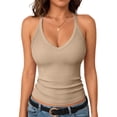 thumbnail image 2 of Halter Tops for Women Ribbed V Neck Racerback Tank Tops Summer Crop Gym Workout Top Fitted Basic Cute Going Out Top Beige XL, 2 of 5