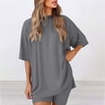 thumbnail image 4 of hoksml Women's Lounge Set, Two Piece Sets, Summer Oversized Tshirts Biker Short Sets Solid Color Round Neck Five Quarter Sleeved Top Shorts Sport Clothes 2025 on Clearance, 4 of 9
