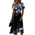 thumbnail image 3 of Women's V Neck Short Sleeve Dress Vintage Floral Print A Line Midi Casual Summer Outfit Flowy Lightweight Party Wear Vacation Going Out Chic Womens Dress Black L, 3 of 6