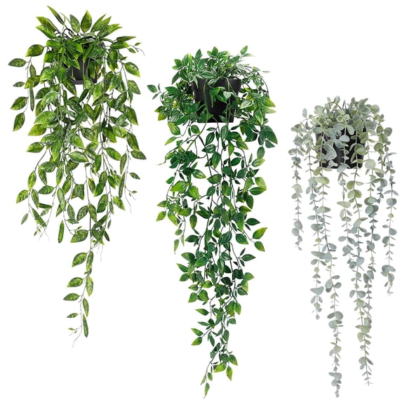 Artificial Hanging Plants 3Pcs Potted Greenery Decor - Grey Eucalyptus Mandala Snow Pea Vine in Pot Plants for Office Farmhouse Home Indoor Outdoor D