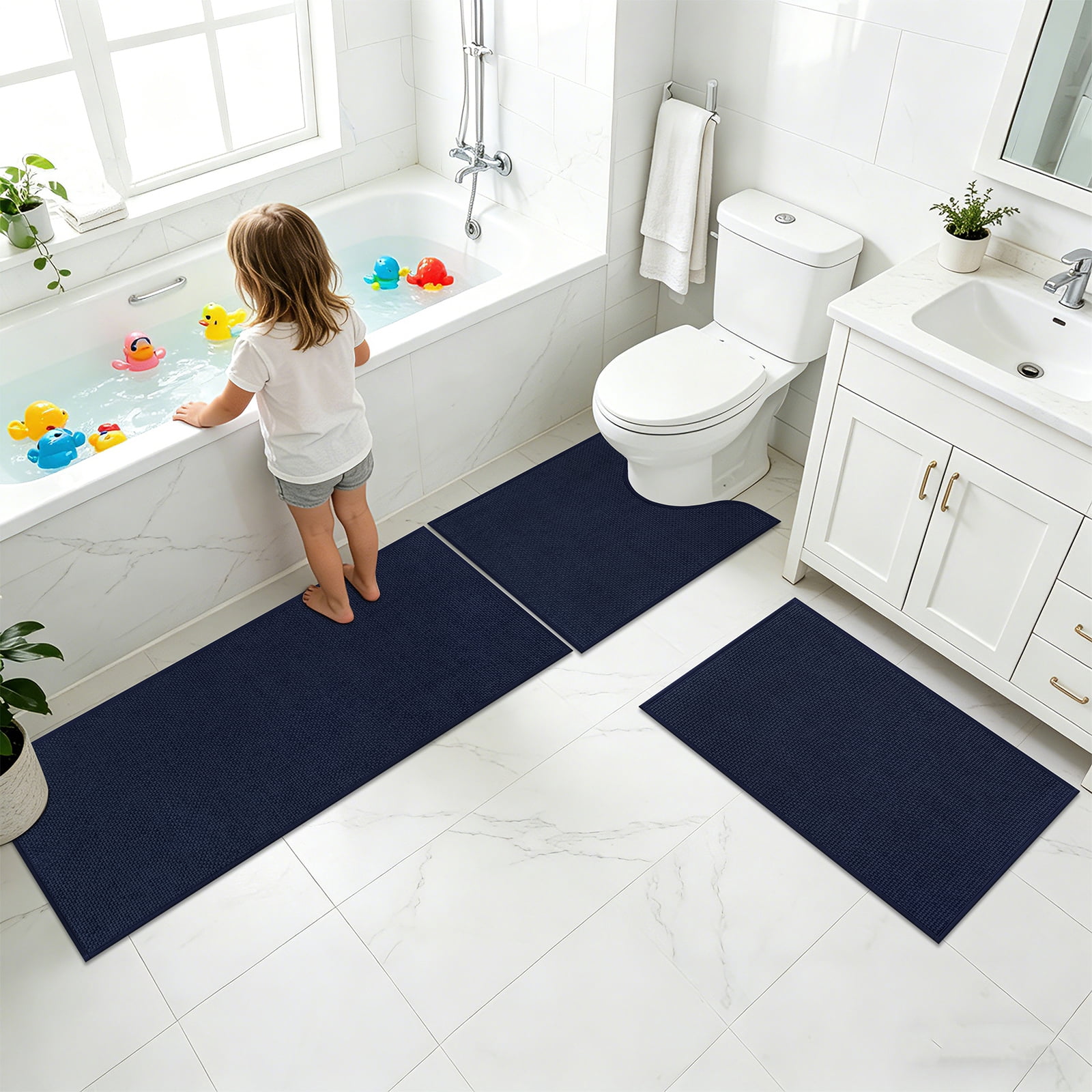 Ileading 3pcs Bathroom Rugs Set with U-Shaped Mat, Non Slip, Soft, Absorbent Bath Mats for Tub, Shower, Toilet 18"x26"+18"x48"+U Shape 20"x24" Blue