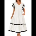 thumbnail image 1 of Vestido Midi Informal de Verano 2025 para Mujer, con Escote en V, Corta, Volantes, Corte A, . M, 1 of 10
