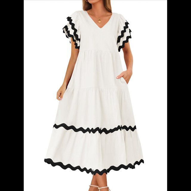 Vestido Midi Informal de Verano 2025 para Mujer, con Escote en V, Corta, Volantes, Corte A, . M