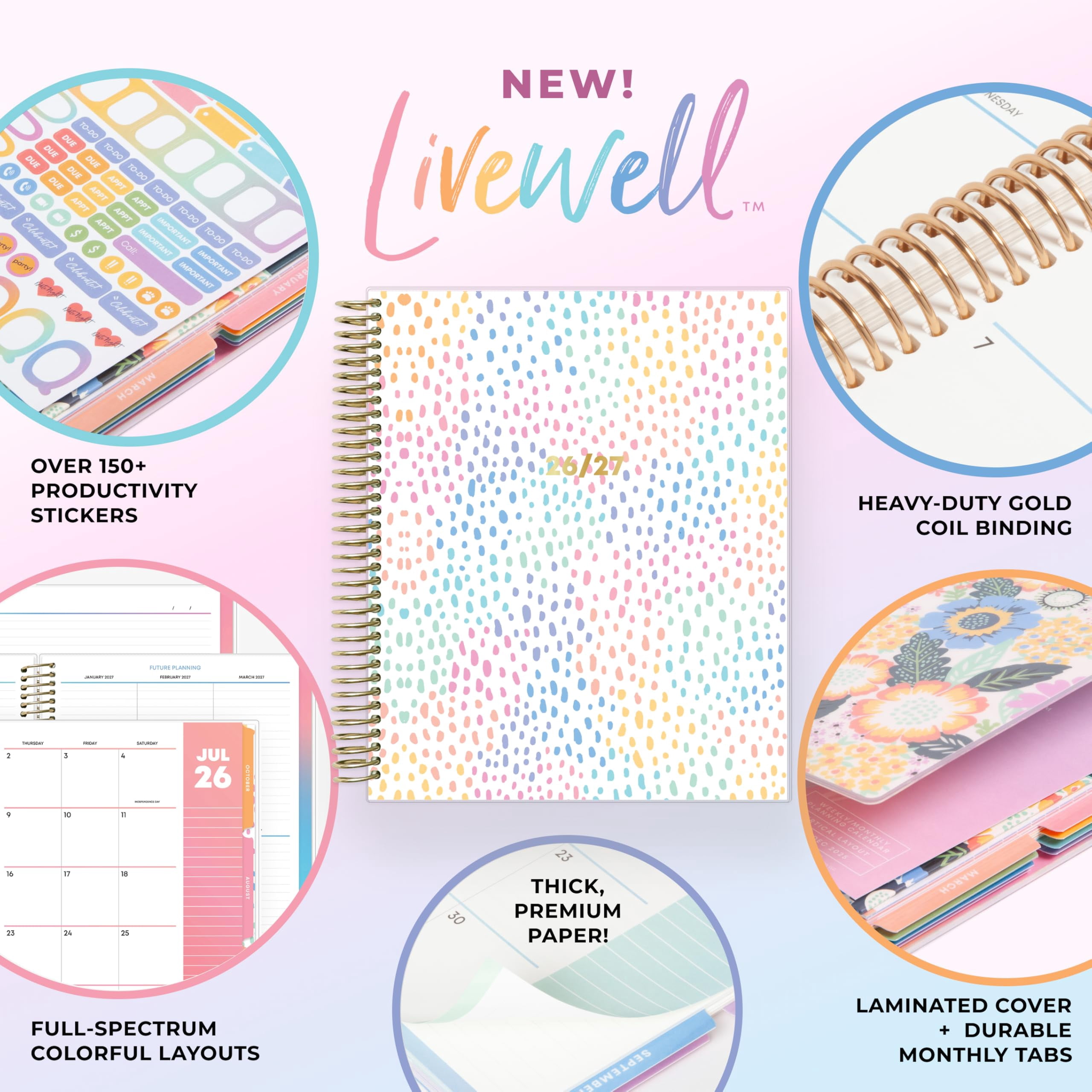Blue Sky Livewell 2026-2027 Weekly and Monthly Academic Year Planner Calendar, July 2026 - June 2027, 7" x 9", Flexible Cover, Wirebound, Colorful Interior, Storage Pocket, Includes Stickers, Rainbow
