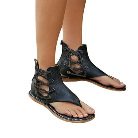 

Lydiaunistar Women Casual Pinch Flat-Bottomed Sandals Strappy Ankle Flat Straps Shoes Black 9