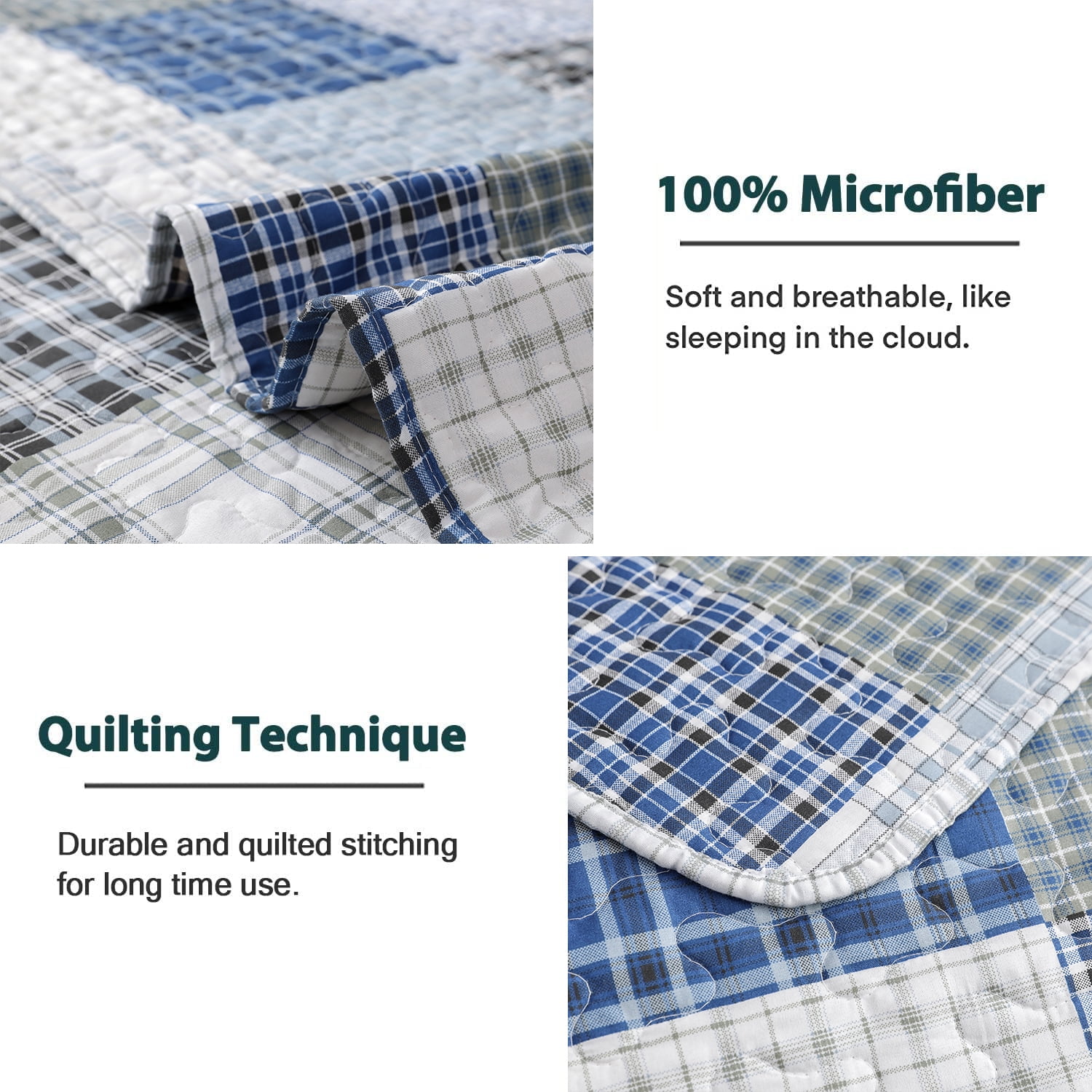 3 Piece Quilt Set King Size Bedspread Coverlet Mens Plaid Patchwork Bedding Reversible Quilt Queen Microfibers Bedspread Coverlet Lightweight Bedding for All Season Black Blue