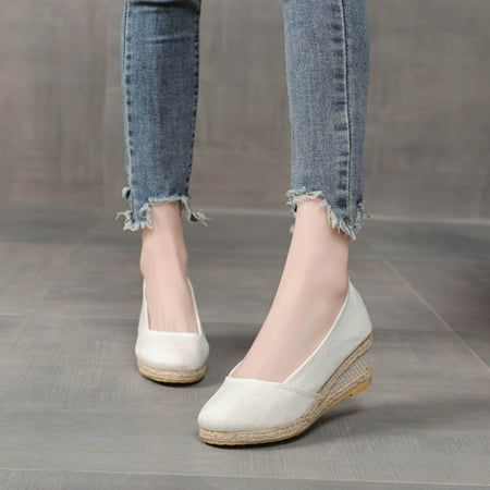 Tuobarr Women s Wedge Sandals Women s Summer Shallow Wedge Heels Pointed Straw Woven Linen Shoes White US Size 5.5