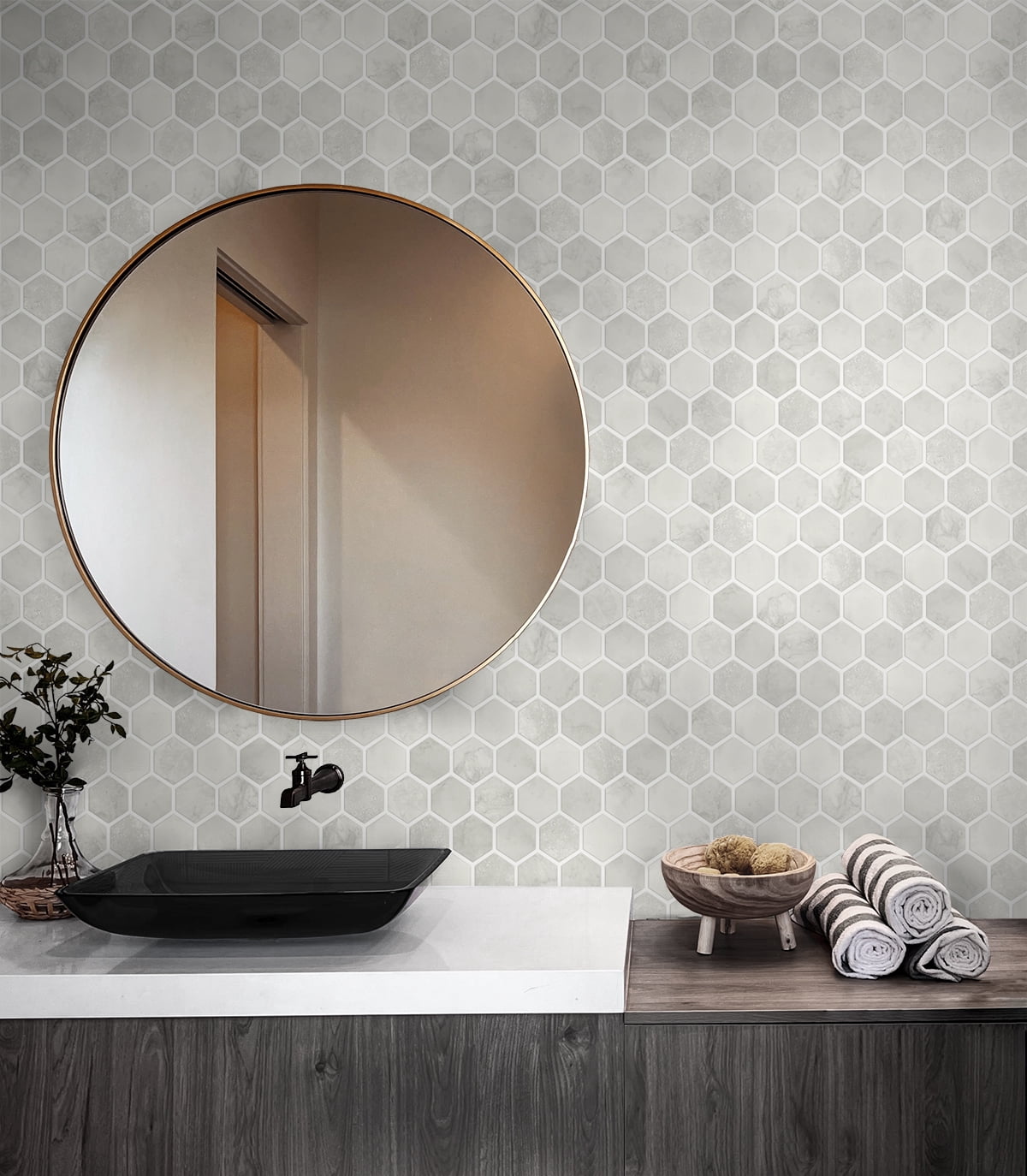 NextWall Cream Neutral Inlay Hexagon Peel and Stick Wallpaper