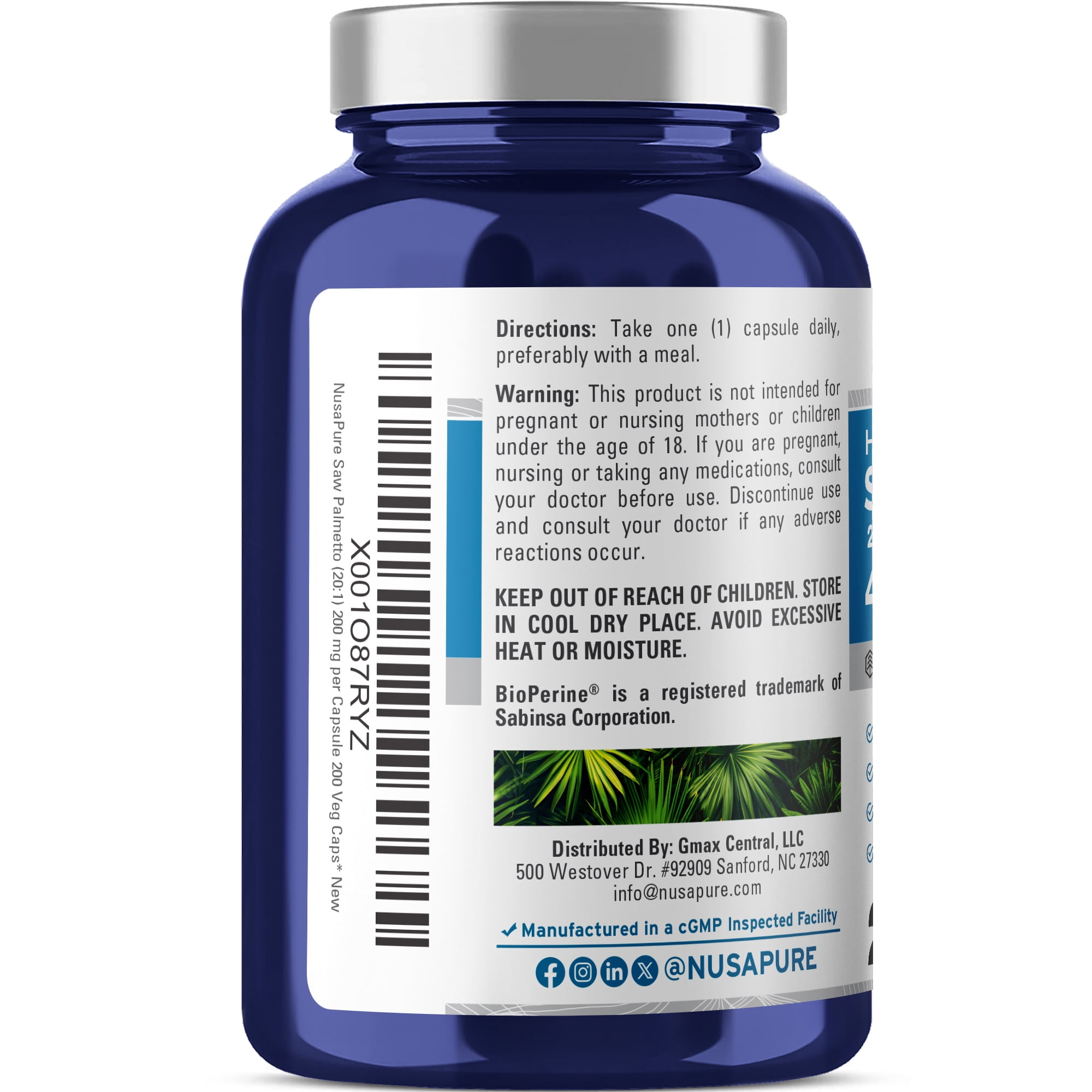 NusaPure Saw Palmetto 20:1 Extract, 200 mg Equivalent to 4,000 mg per Veggie Caps 200 Count Non-GMO, Vegan, Vegetarian, Dietary Supplement, Enriched with Bioperine for Unisex Adult Heath & Wellness
