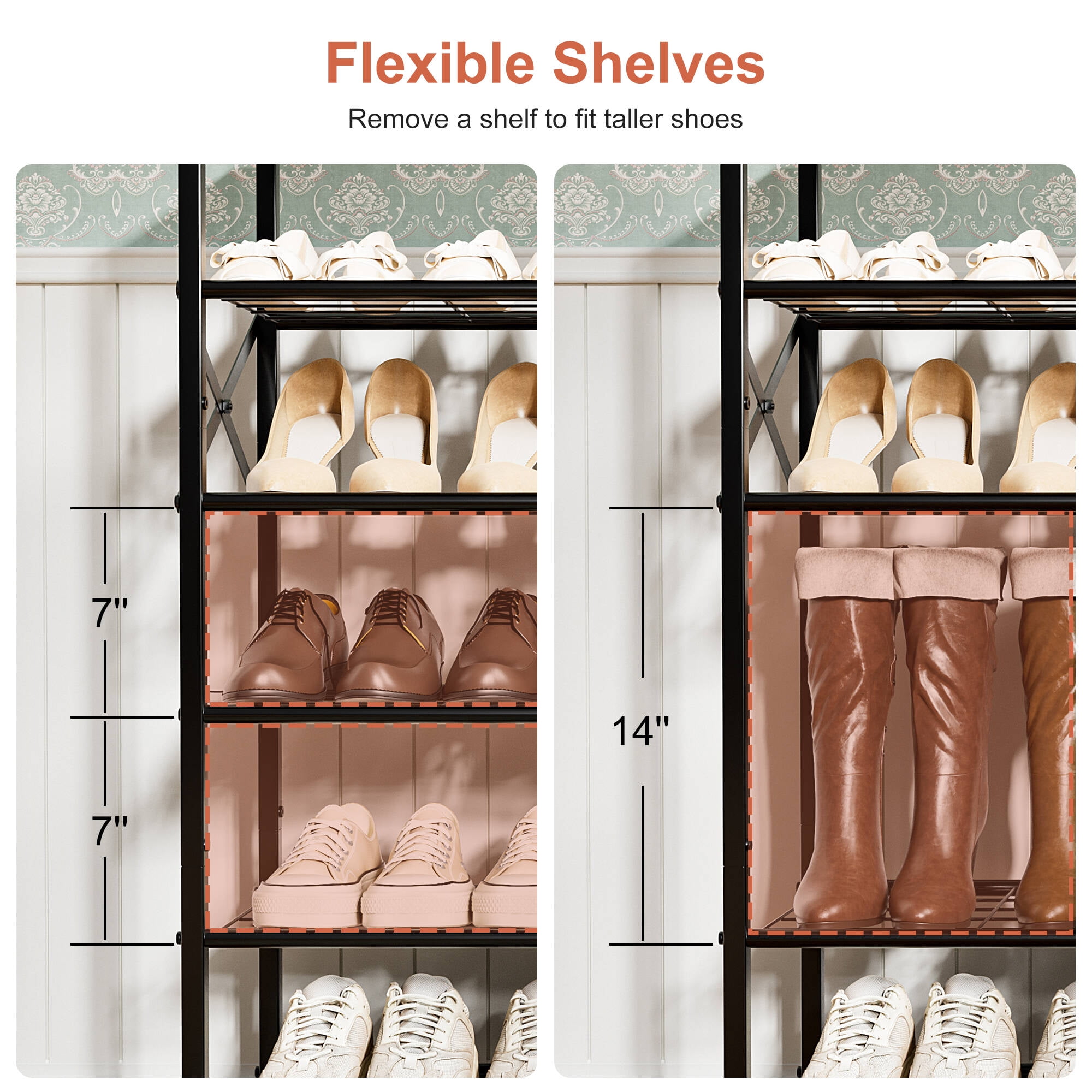 BGTREND 8-Tier Metal Shoe Rack Organizer with Wooden Top, 24-32 Pairs Shoe Storage Shelf for Entryway Hallway (52.56” Tall, Black)