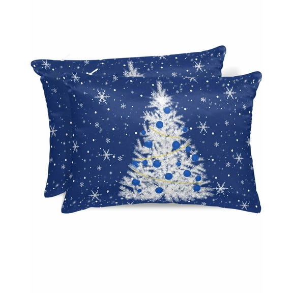 Hokiten Pillow Cases Standard Size Set of 2, Lumbar Pillow Covers, Navy Blue Christmas Tree Satin Pillowcases with Zipper for Hair/Skin, Balls Snowflake Xmas Tree 20x26 Inches