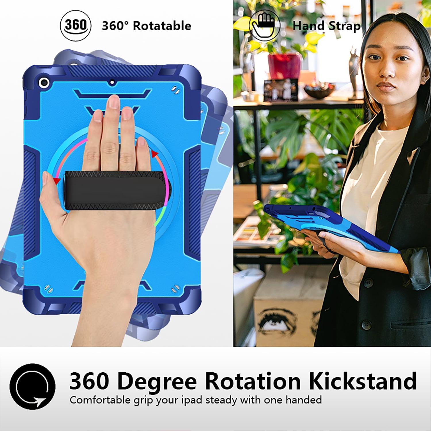 Shockproof Case for Apple iPad 9th/8th/7th Generation, with Pencil Holder Military Grade Protection Rotating Stand Hand Strap Shoulder Strap Bumper Rugged Case for iPad 10.2" 2021/2020/2019, Blue