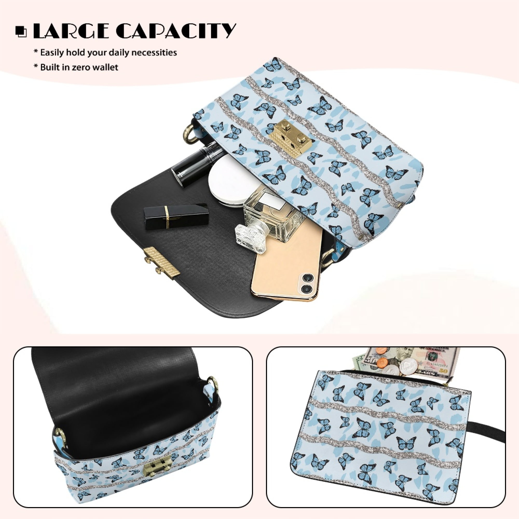 TSOVTHRID Blue Butterfly Leopard Print Crossbody Bags for Women Trendy, PU Leather Shoulder Handbags, Minimalist Crossbody Purses for Women with Detachable Chain Strap