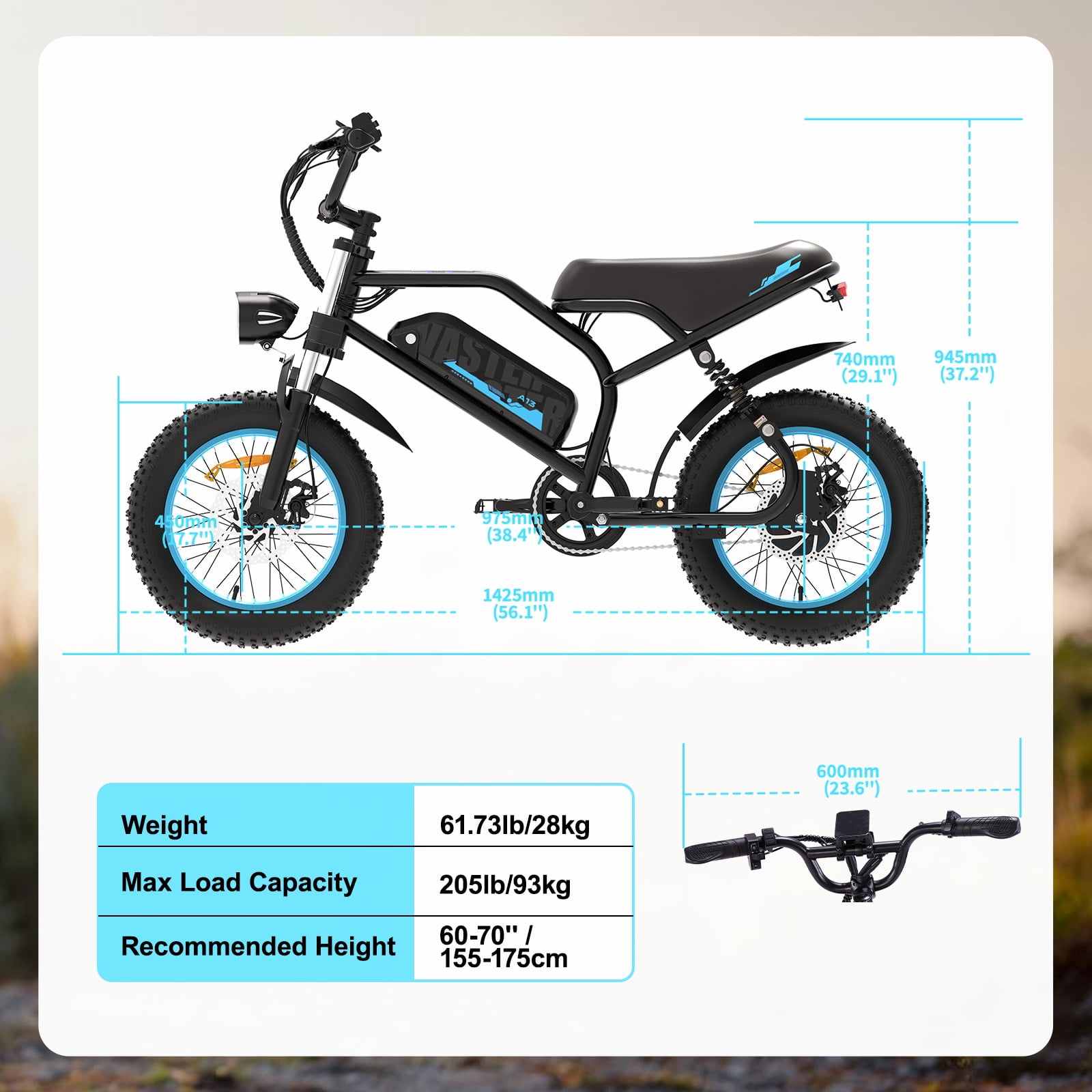 VDL Mountain Electric Bike , 16" Fat Tire Ebike, Wider Seat 800W Peak Motor, Removable Battery, Front Fork Suspension