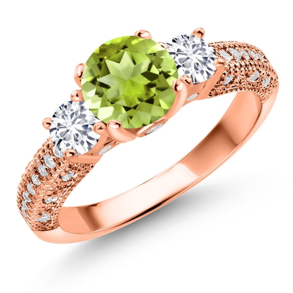 Gem Stone King 18K Rose Gold Plated Silver Green Peridot White Lab Grown Diamond and White Moissanite Engagement Ring for Women (2.07 Cttw, Gemstone August Birthstone, Round 7MM and 4MM, Size 5)