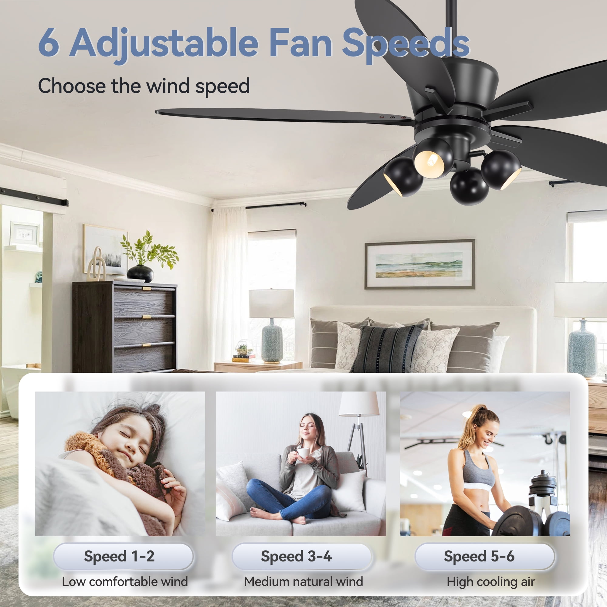 ALKAFY 52 inch Matte Black Industrial Ceiling Fan - 5 Blades with Light & Remote for Living Room, Bedroom