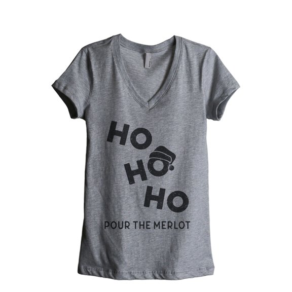 Ho Ho Ho Pour The Merlot Women's Fashion Relaxed V-Neck T-Shirt Tee Heather Grey X-Large
