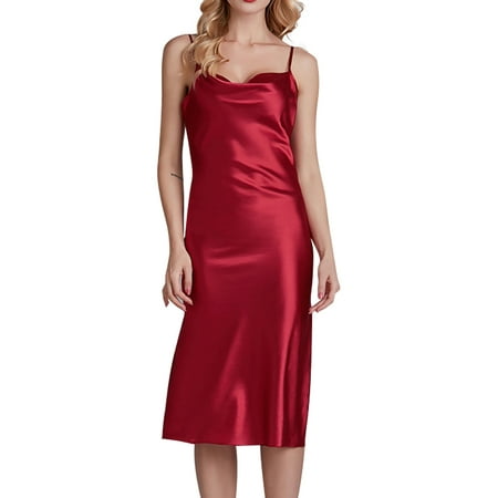 

Pudcoco Women Night Dress Solid Color Low Cut Sling Backless Long Sleepwear Ladies Cozy Slim Slip Dress Nightwear