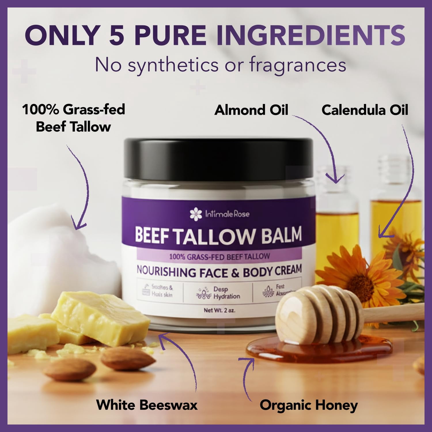 Intimate Rose Whipped Beef Tallow for Skin, Face & Body - Doctor Recommended 100% Grass Fed Balm with Organic Honey & Calendula - Natural Moisturizer for Dry Sensitive Skin - Unscented, 2oz.