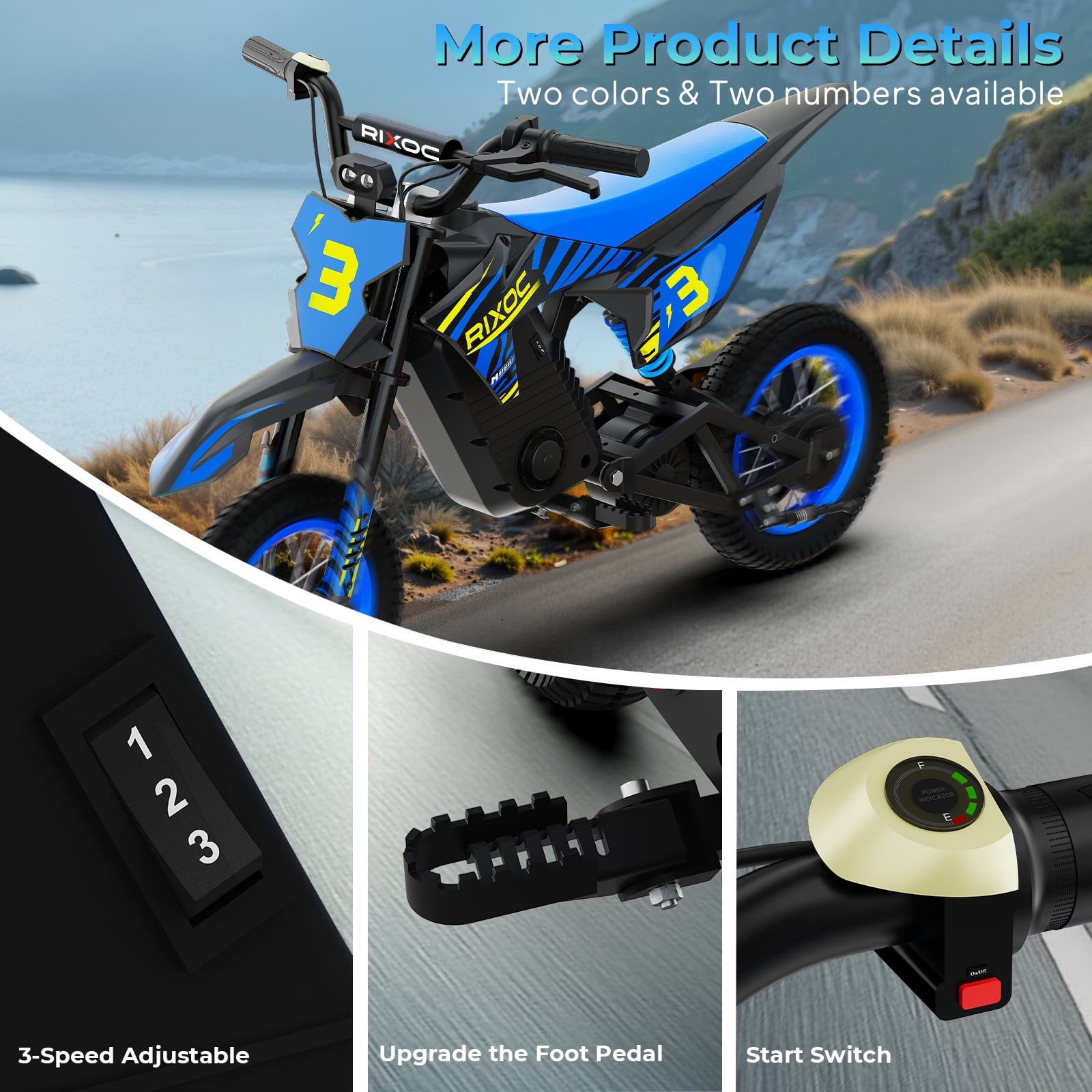 RIXOC DK-12 Electric Dirt Bike,3 Speed Modes up to 15.5 mph, 36V 5.2Ah Peak 700W Max 14Miles Electric Motorcycle for Child 8+ UL2272