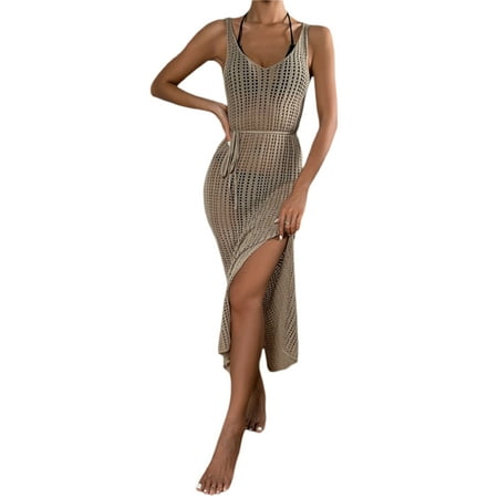 

Gureui Women s Summer Tube Sleeveless Dress Casual Solid Color Hollow Decoration Adjustable Skinny Straps Mid-length Streetwear